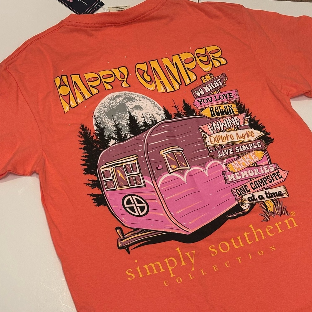 Simply Southern "Happy Camper"‎ Coral Women's Short Sleeve TShirt